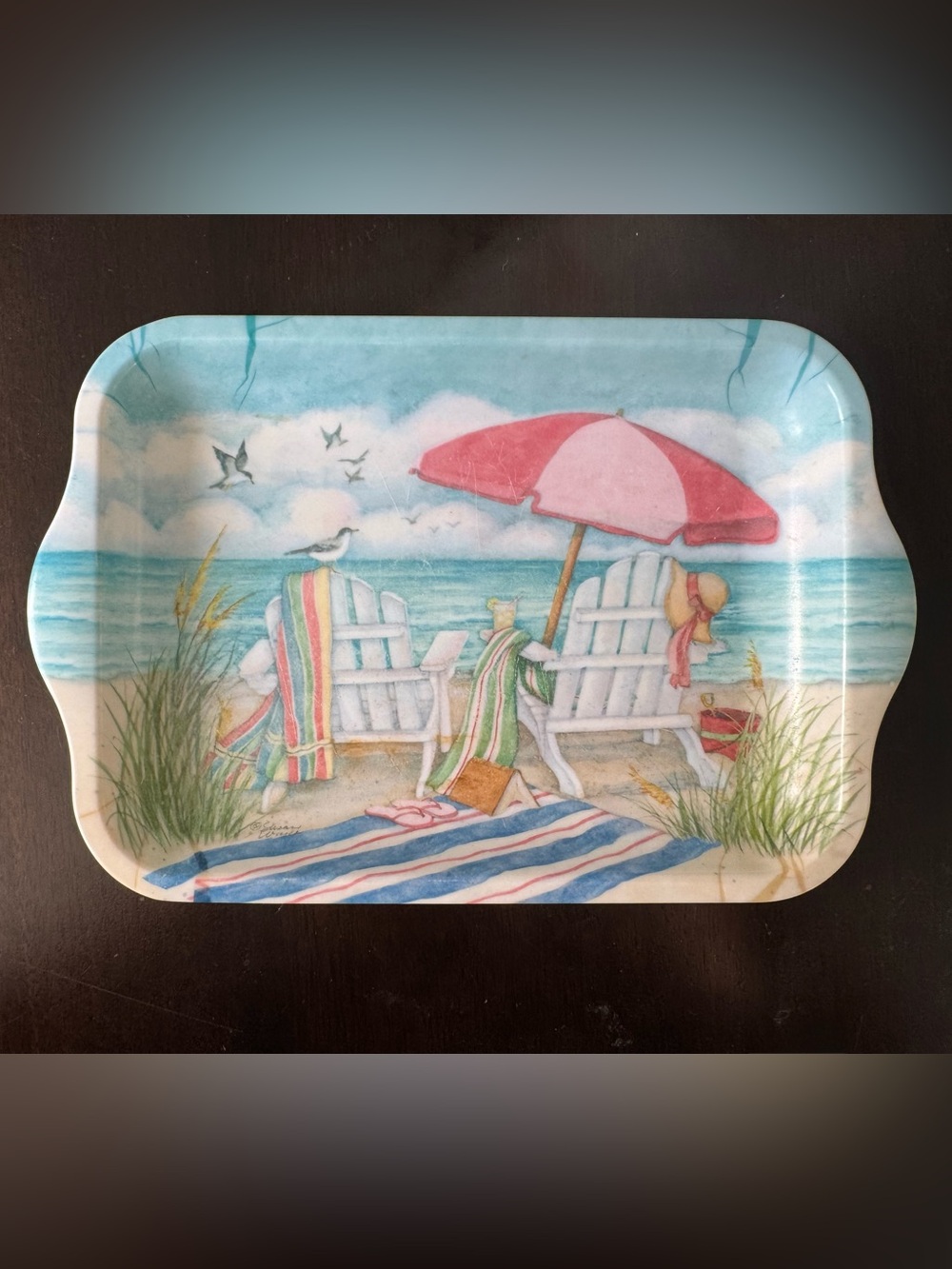 Vintage Italian Melamine Beach Scene Small Serving Tray Pink Umbrella Decor